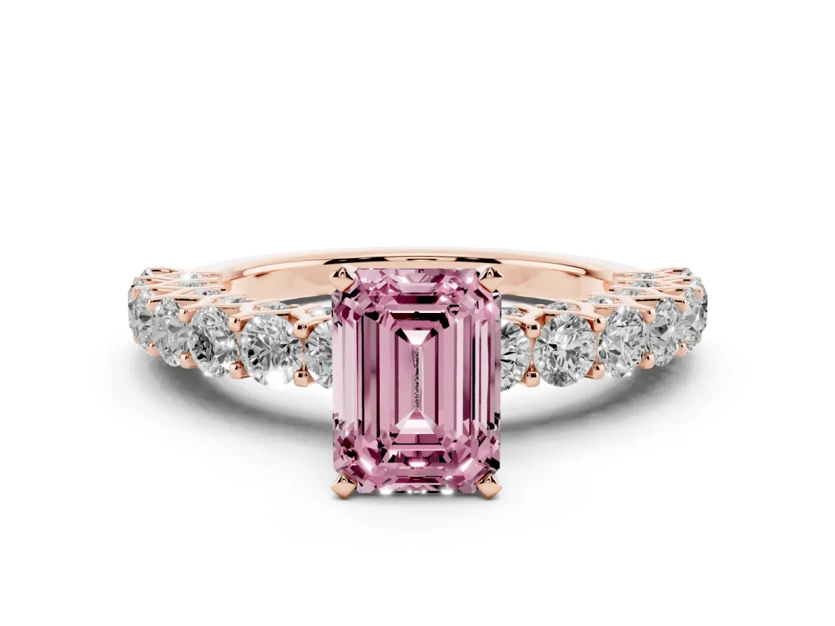 Fancy Pink Emerald Cut Diamond Solitaire Ring Set in Rose gold with Shared Prong Pavé Band