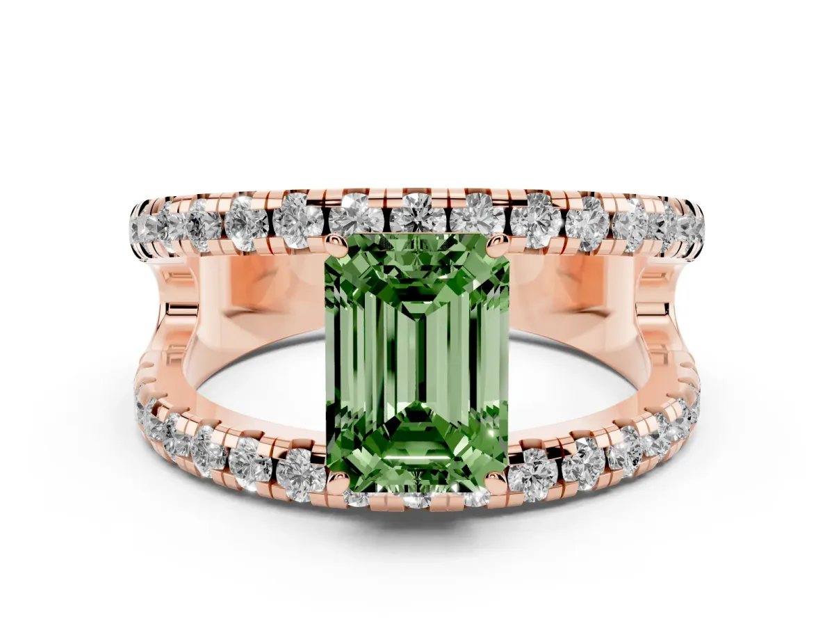 Fancy Green Emerald Cut Diamond Split Shank Pavé Solitaire Ring Set in Rose gold with Open Shank Design