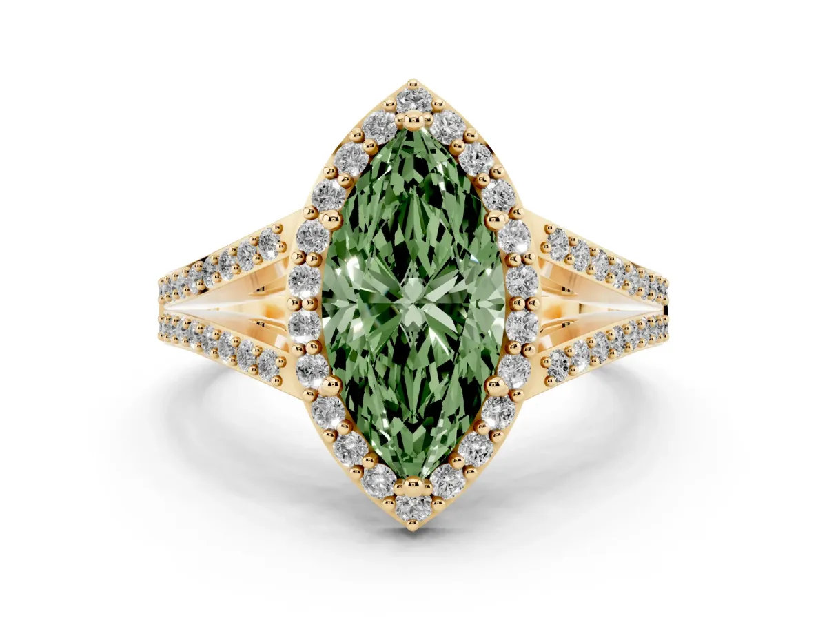 Fancy Green Marquise Cut Diamond Halo Split Shank Pavé Ring Set in Yellow gold with Prong Setting