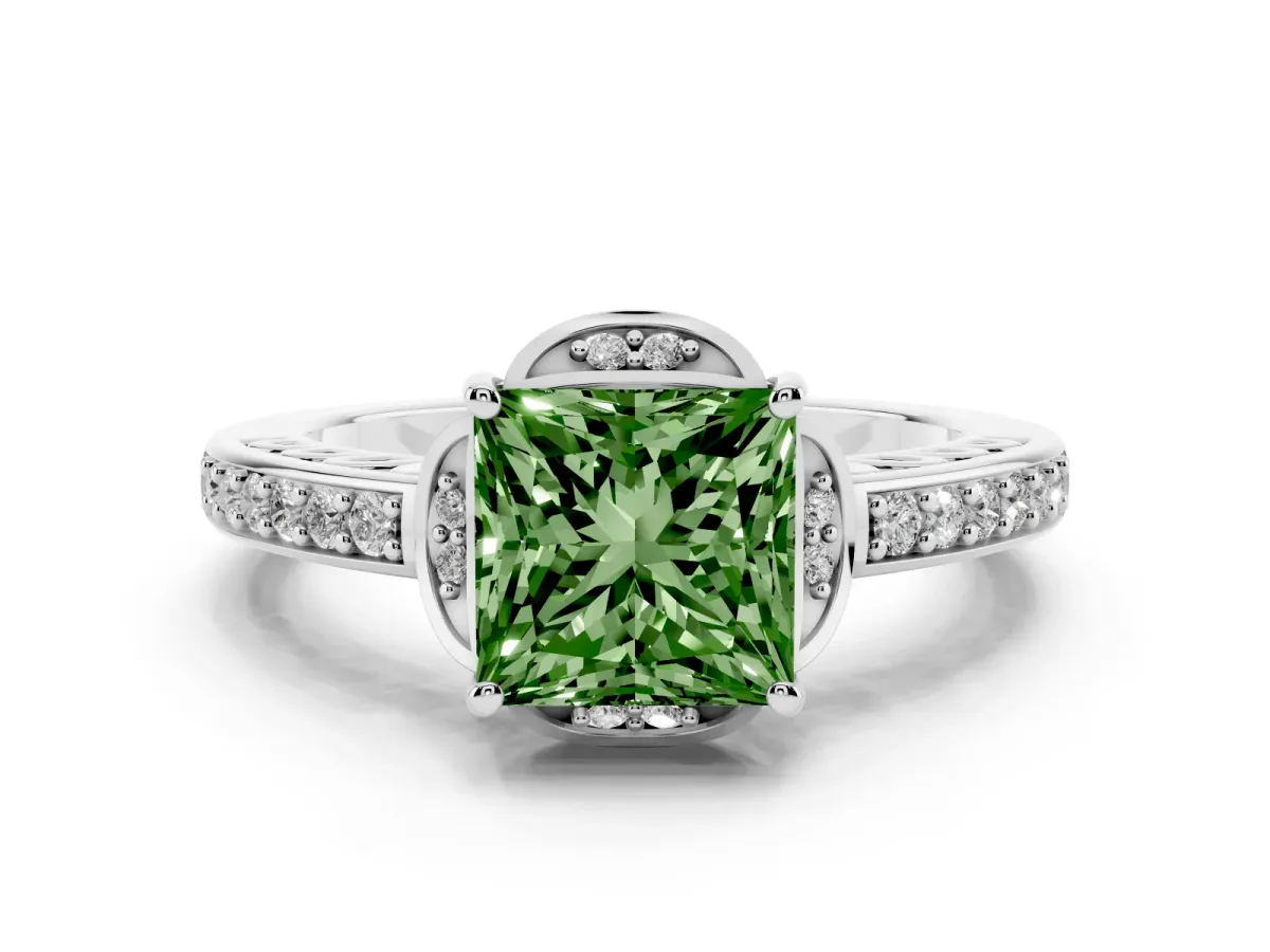 Fancy Green Princess Cut Diamond Halo Ring Set in Platinum with Channel Set Band and Prong Setting
