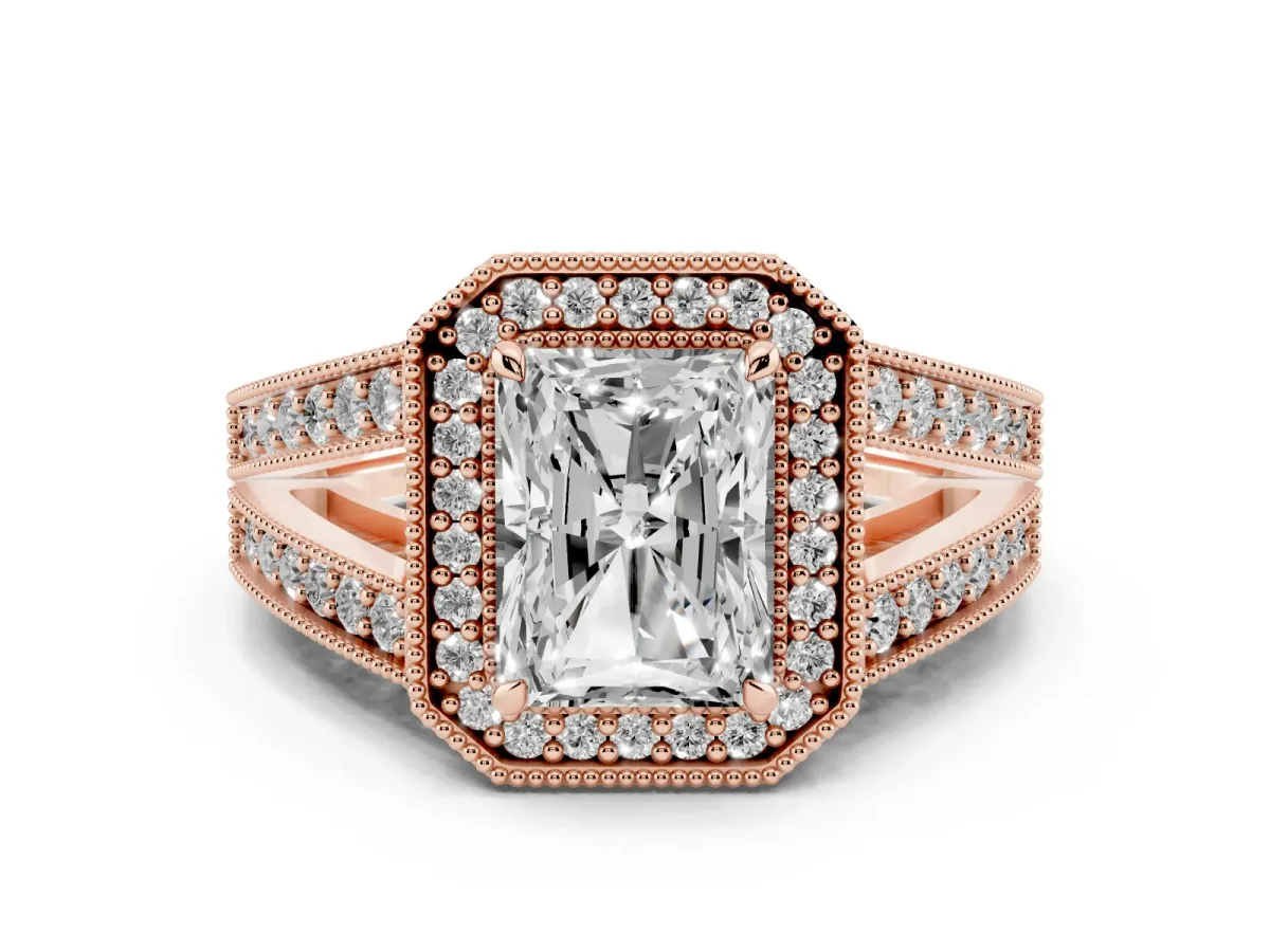 Radiant Cut Diamond Halo Ring Set in Rose gold with Stone-Set Split Shank and Milgrain Edges