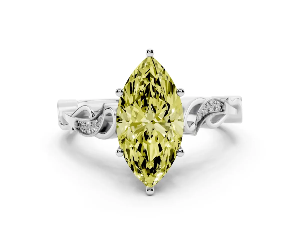 Fancy Yellow Marquise Cut Diamond Vine Band Solitaire Ring Set in Silver with Milgrain Prong Setting