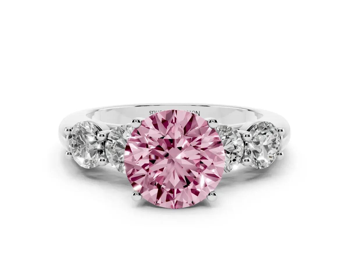 Fancy Pink Round Cut Diamond Five-Stone Prong Set Ring Set in Silver with Classic Band