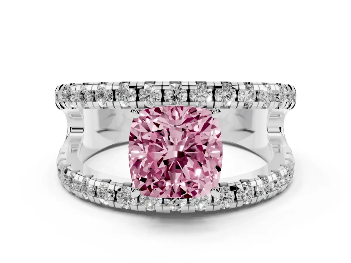 Fancy Pink Cushion Cut Diamond Split Shank Pavé Solitaire Ring Set in White gold with Open Shank Design