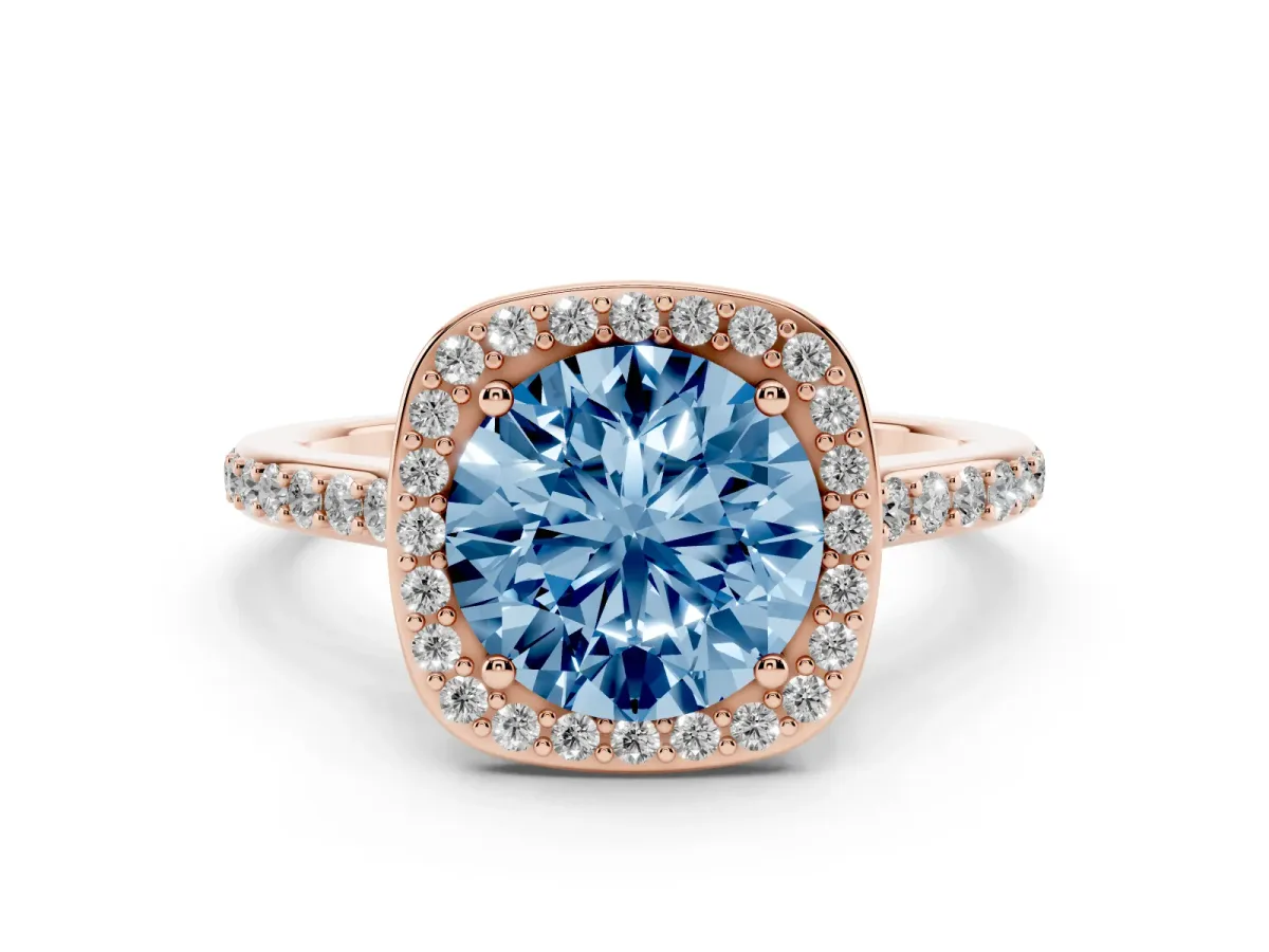 Fancy Blue Round Cut Diamond Halo Engagement Ring Set in Rose gold with Round Pavé Shoulders and Heart Gallery