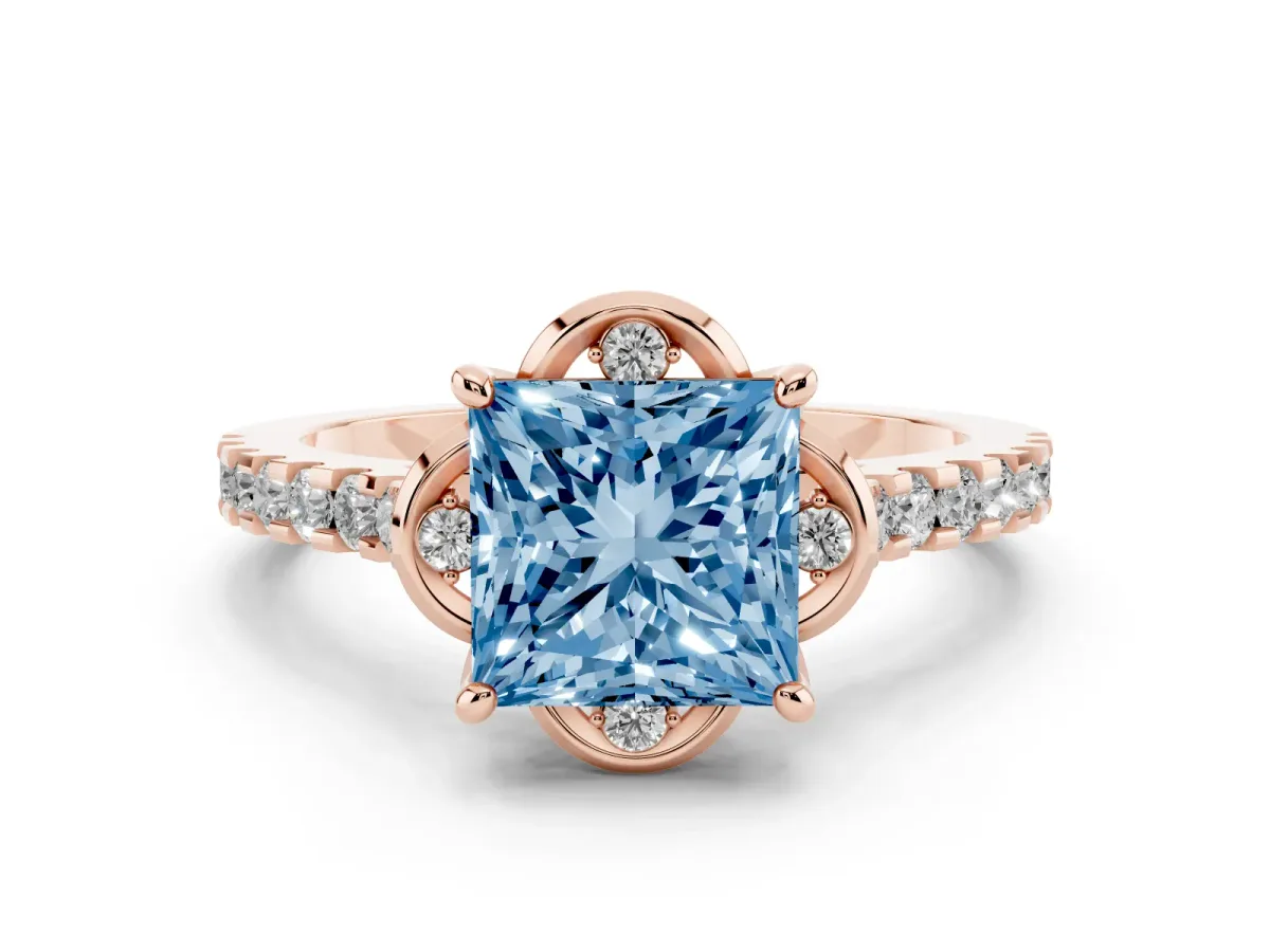 Fancy Blue Princess Cut Diamond Solitaire Ring Set in Rose gold with Pavé Band and Floral Prong Setting