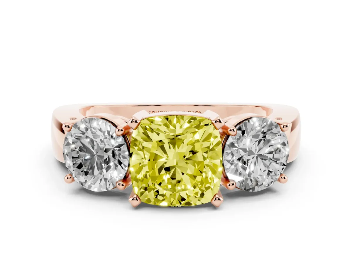 Fancy Yellow Cushion Cut Diamond Three-Stone Ring Set in Rose gold with Round Side Stones and Classic Band