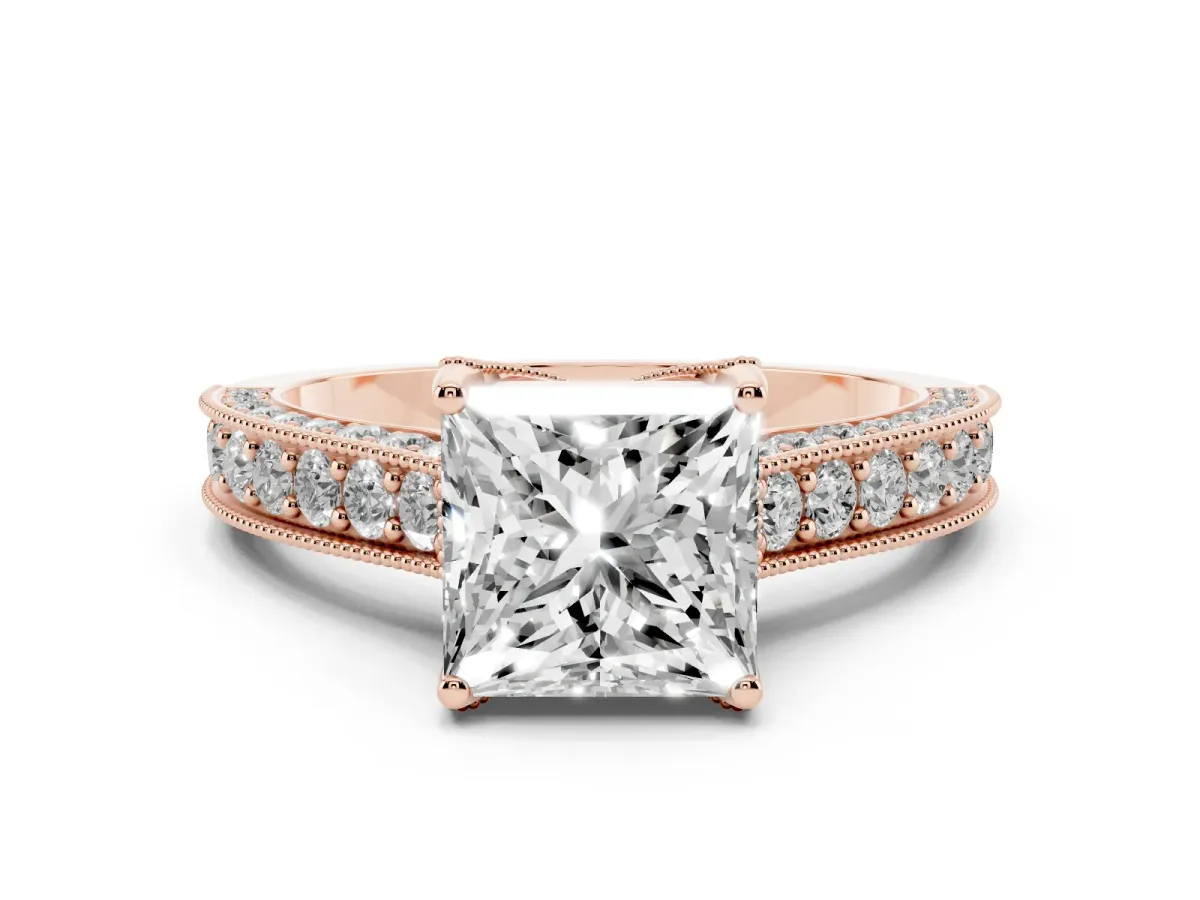 Princess Cut Diamond Solitaire Ring Set in Rose gold with Milgrain-Edged Pavé Band and Prong Setting