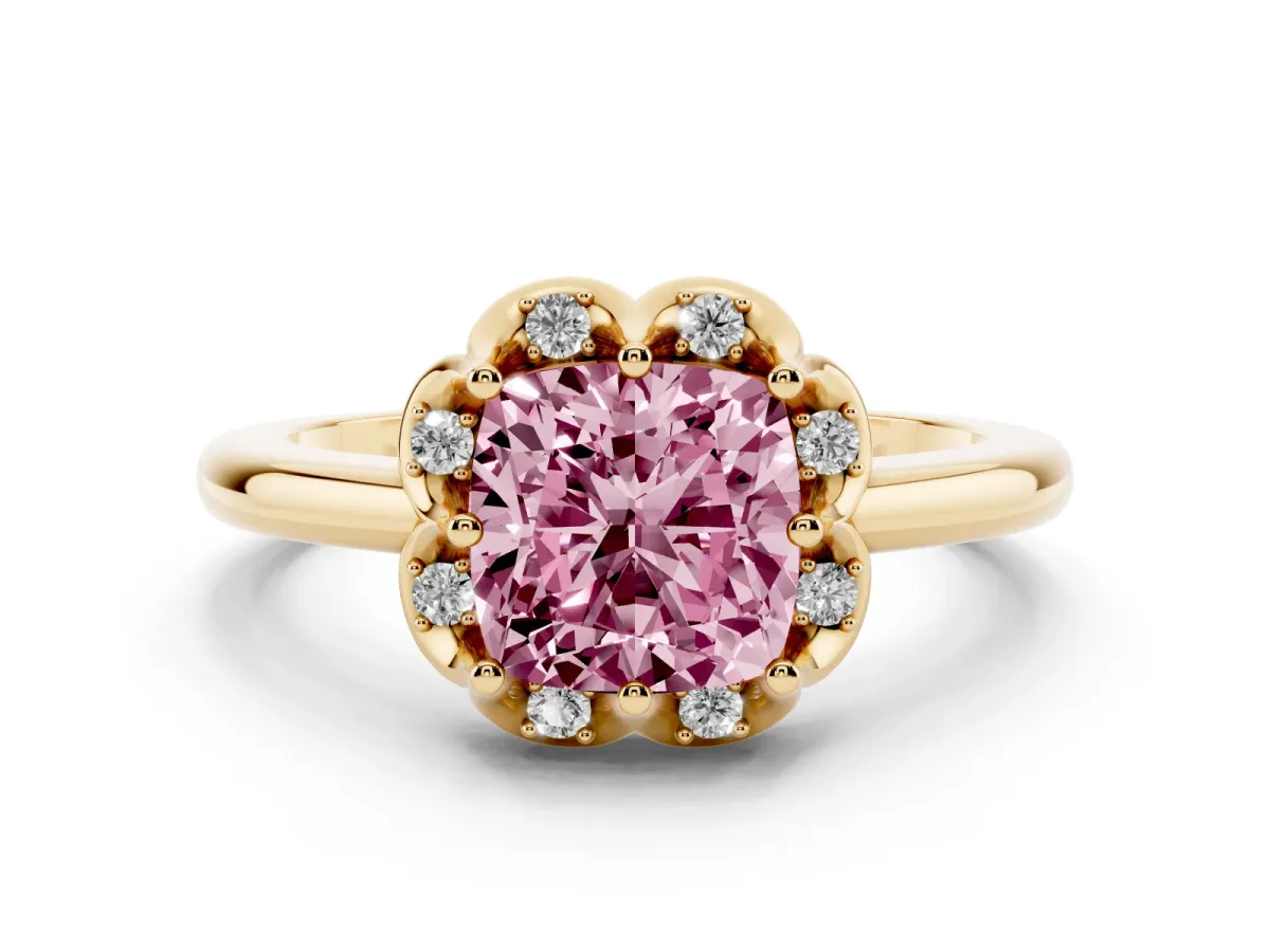 Fancy Pink Cushion Cut Diamond Round Cluster Halo Ring Set in Yellow gold with Solitaire Band and Prong Setting