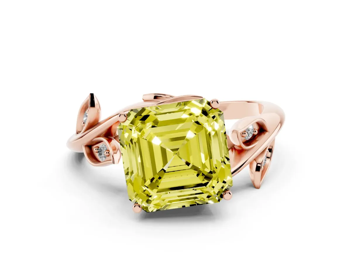 Fancy Yellow Asscher Cut Diamond Solitaire Twist Engagement Ring Set in Rose gold with Pavé Leaf Accents