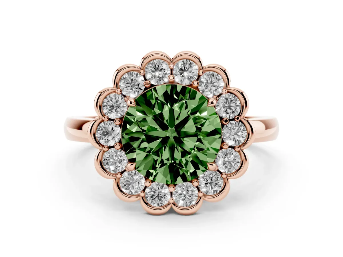 Fancy Green Round Cut Diamond Halo Cluster Engagement Ring Set in Rose gold with Solitaire Band and Prong Setting