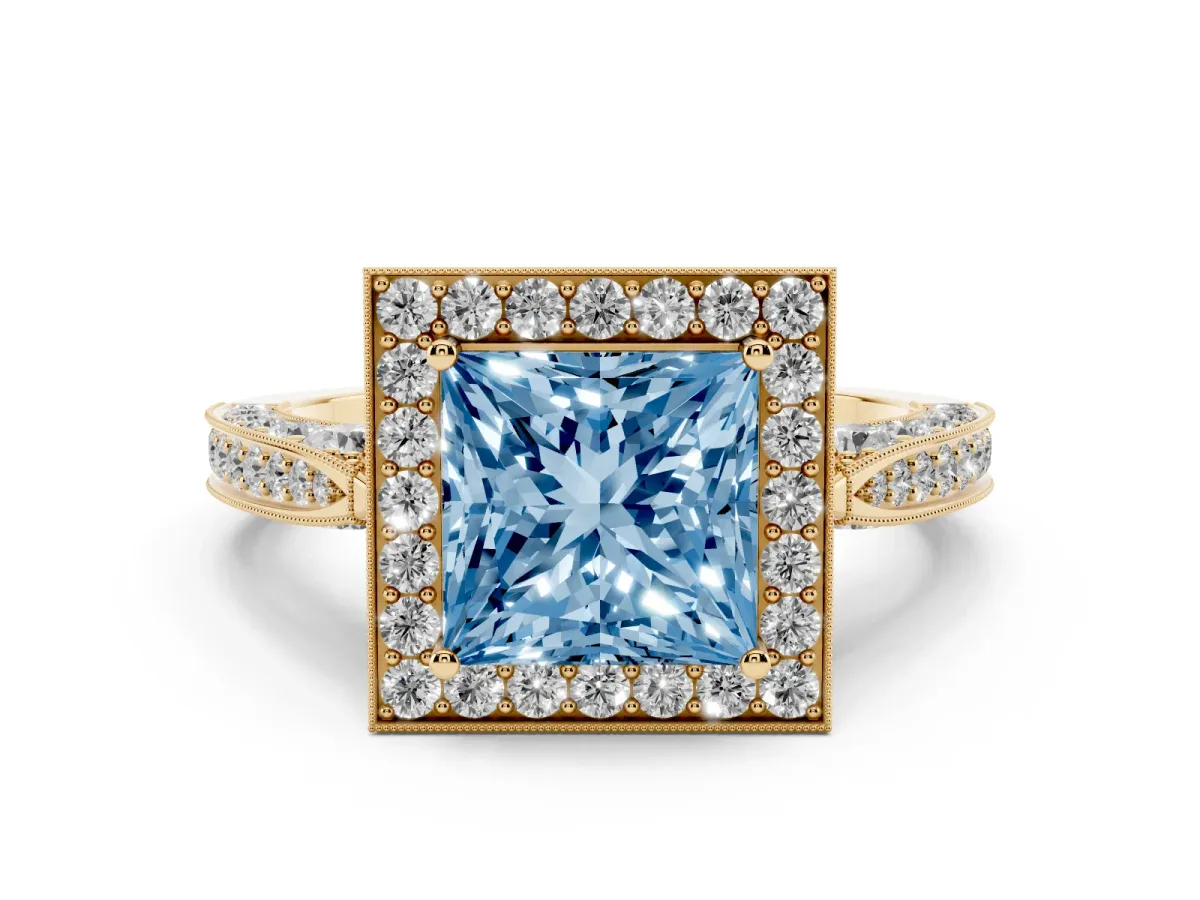 Fancy Blue Princess Cut Diamond Halo Engagement Ring Set in Yellow gold with Accent Split Shank Band