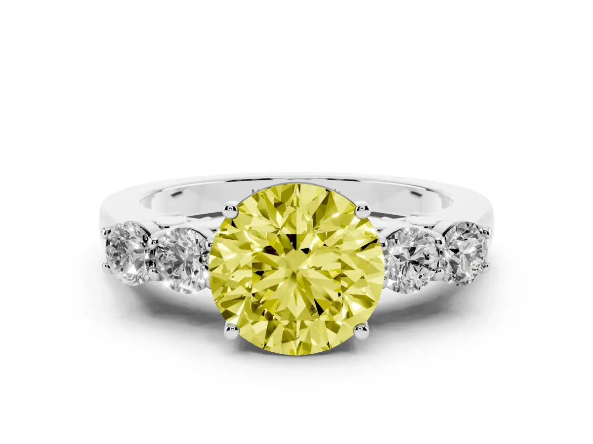 Fancy Yellow Round Cut Diamond Five-Stone Prong Set Band Ring Set in Platinum with Polished Band