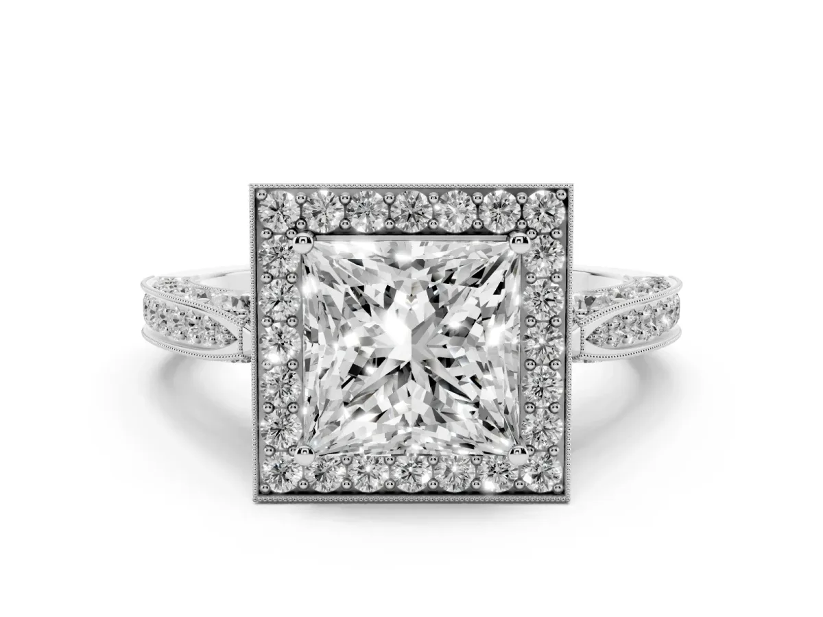 Princess Cut Diamond Halo Engagement Ring Set in Platinum with Accent Split Shank Band
