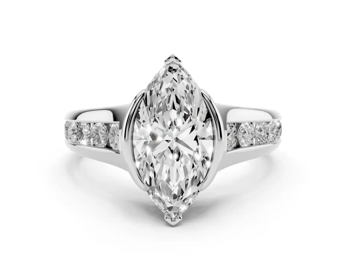 Marquise Cut Diamond Bezel-Set Solitaire Ring Set in Platinum with Channel-Set Band