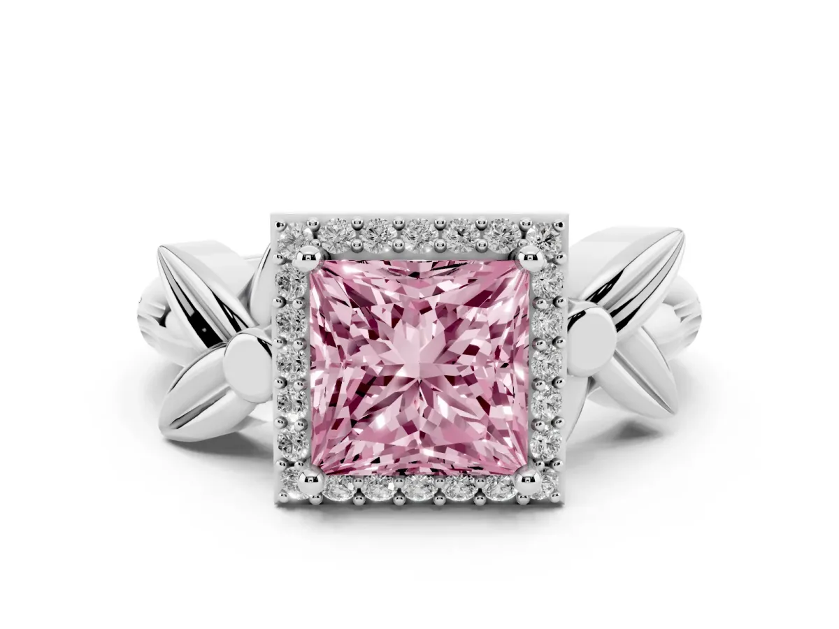 Fancy Pink Princess Cut Diamond Halo Floral Band Ring Set in White gold with Prong Setting
