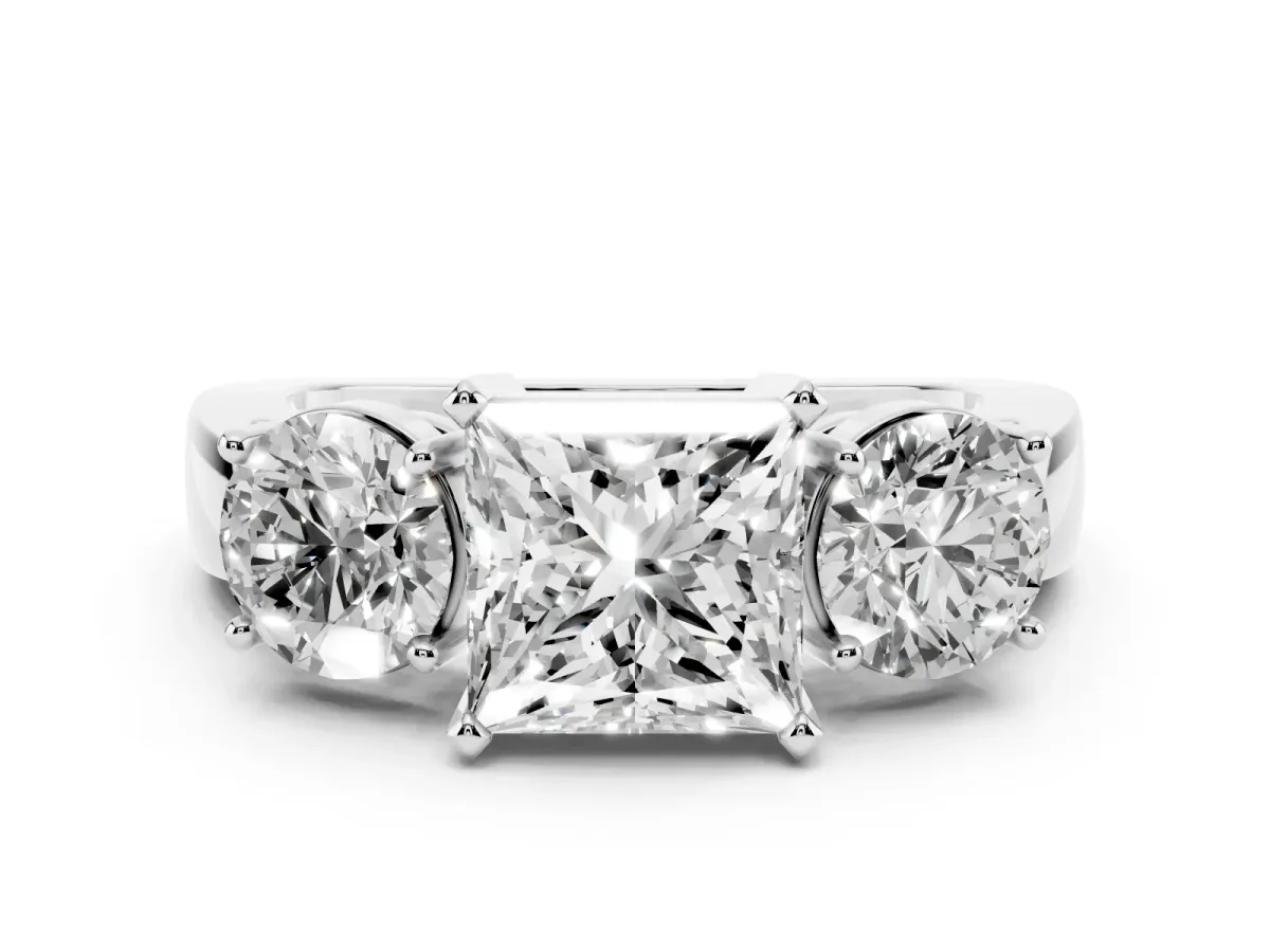 Princess Cut Diamond Three-Stone Ring Set in Platinum with Round Side Stones and Classic Band