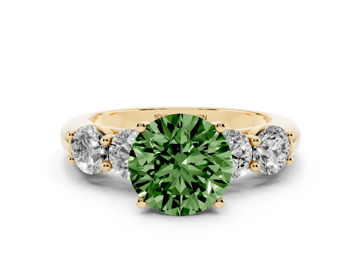 Fancy Green Round Cut Diamond Five-Stone Prong Set Ring Set in Yellow gold with Classic Band