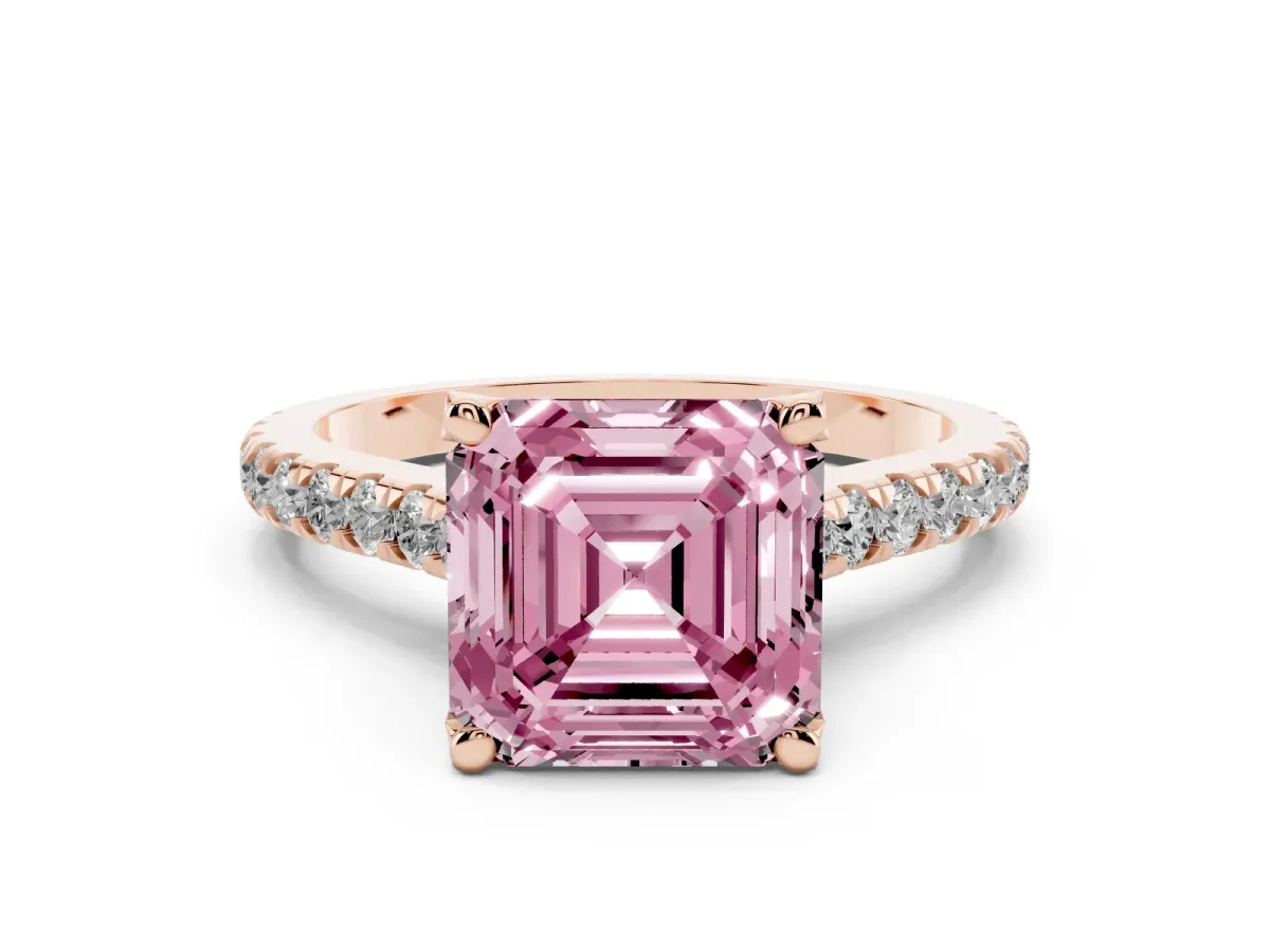 Fancy Pink Asscher Cut Diamond Solitaire Ring Set in Rose gold with Brilliant Pavé Band and Prong Setting