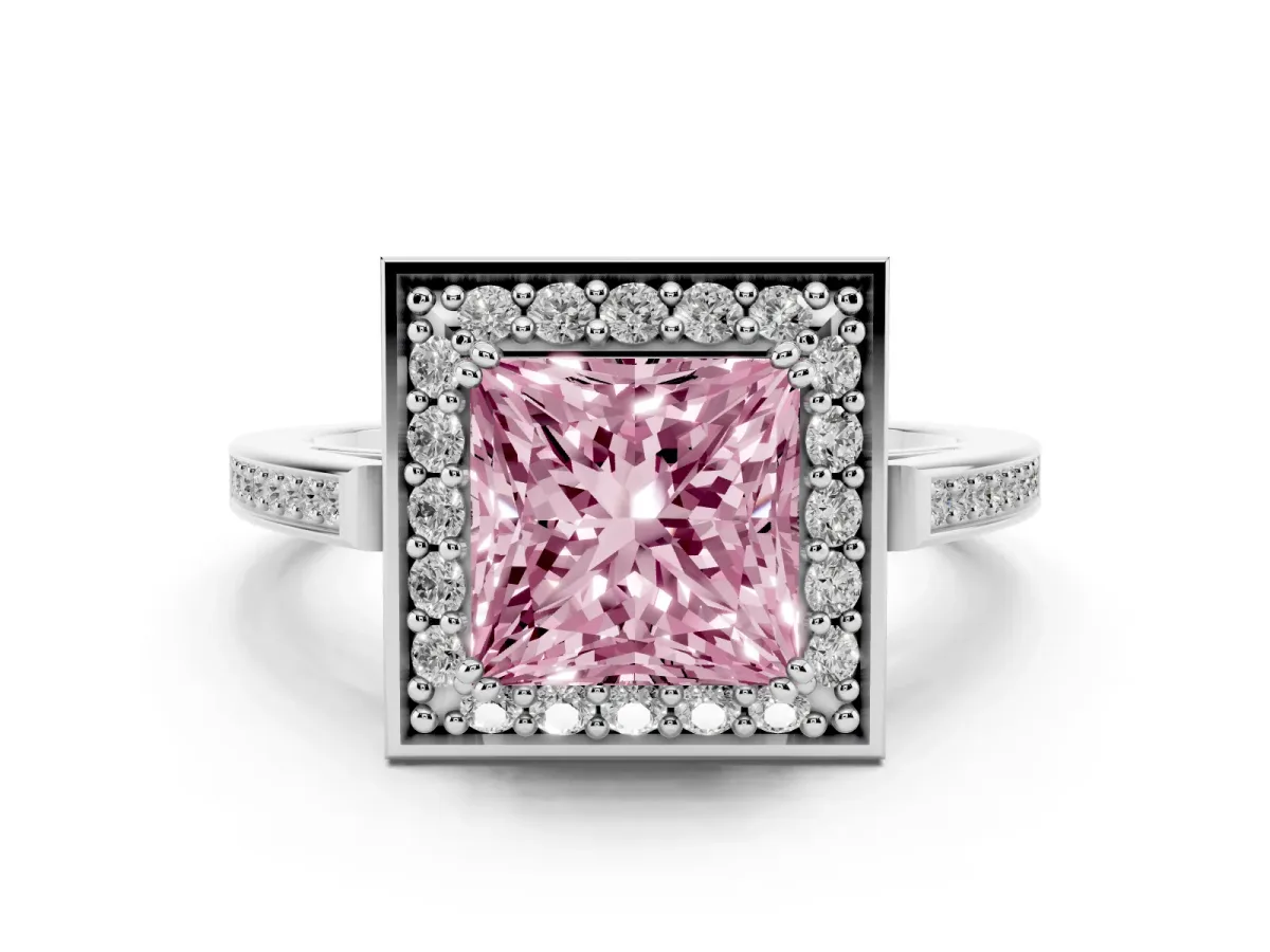 Fancy Pink Princess Cut Diamond Halo Ring Set in Silver with Accent-Lined Split Shank and Prong Setting