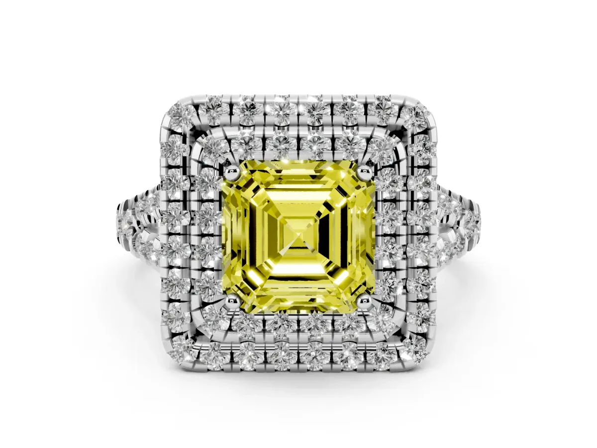 Fancy Yellow Asscher Cut Diamond Double Halo Ring Set in White gold with Pavé Split Shank and Prong Setting