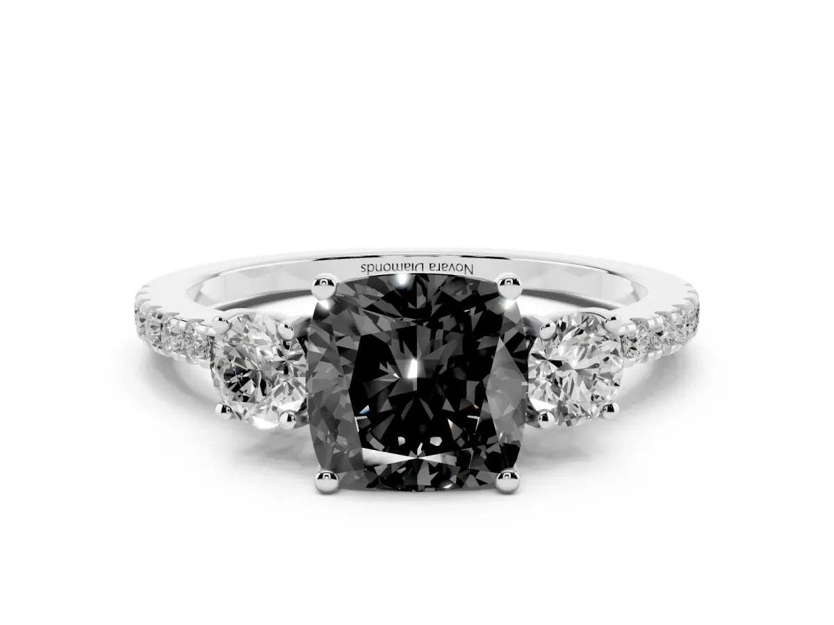 Fancy Black Cushion Cut Diamond Three-Stone Ring Set in Silver with Pavé Band and Graduated Sides