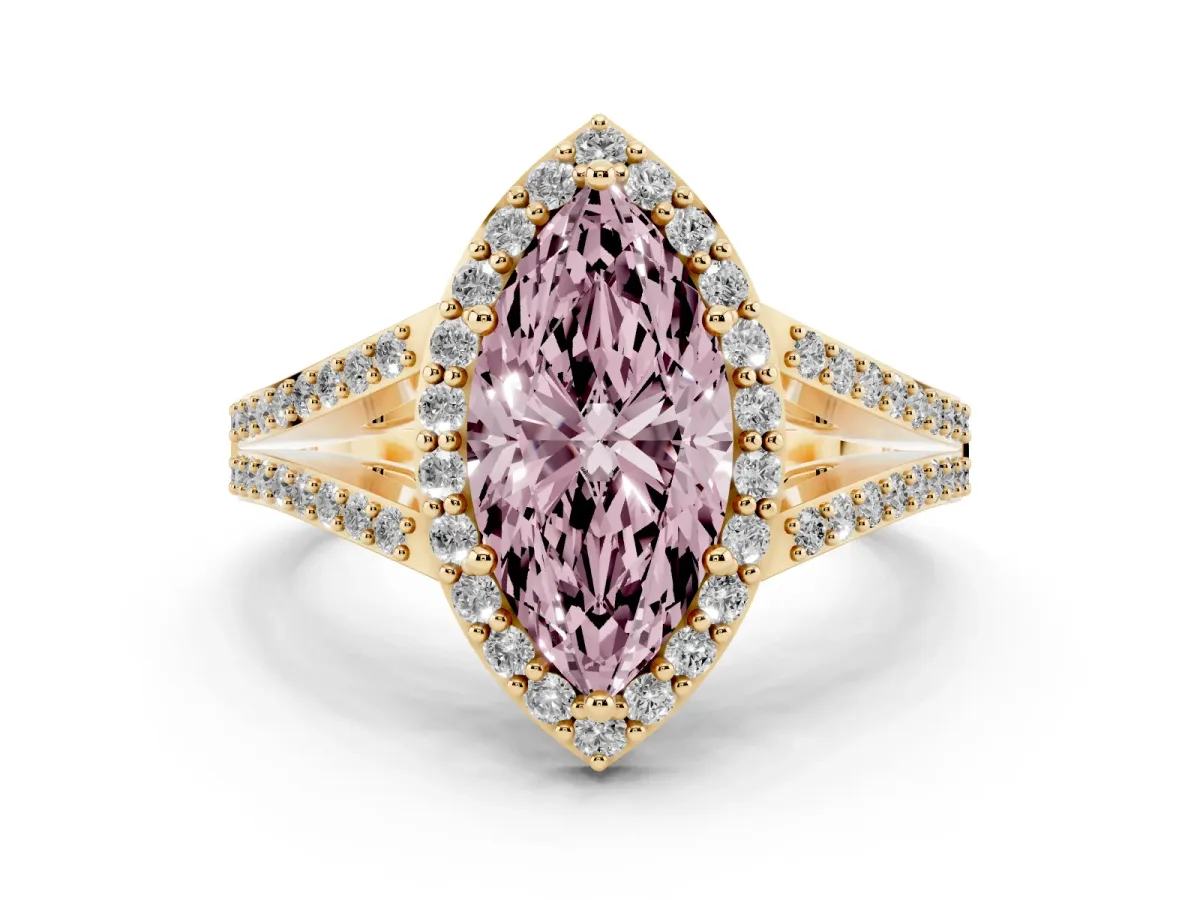 Fancy Pink Marquise Cut Diamond Halo Split Shank Pavé Ring Set in Yellow gold with Prong Setting