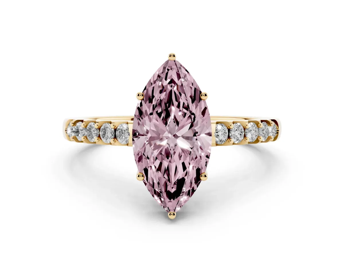 Fancy Pink Marquise Cut Diamond Solitaire Engagement Ring Set in Yellow gold with Pavé Band and Prong Setting