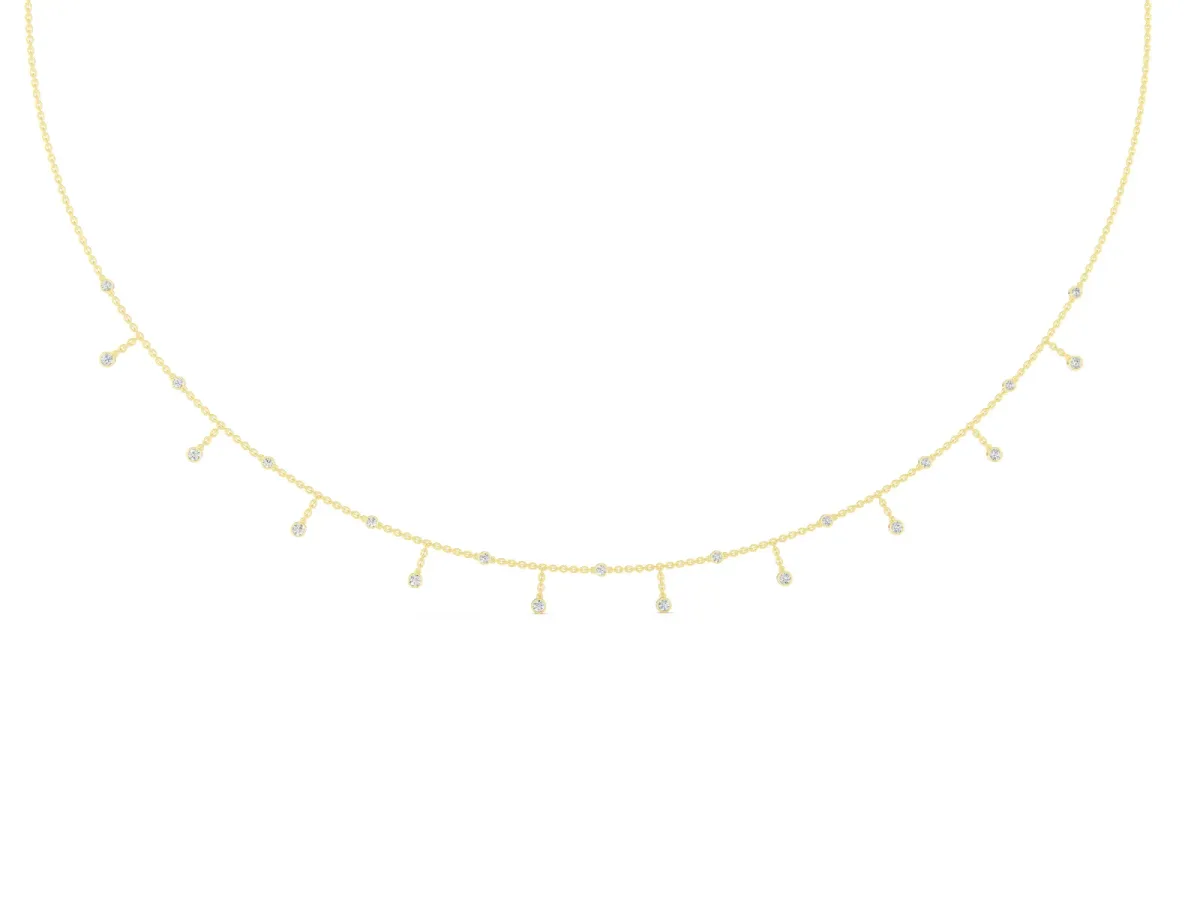 Round Diamond Station Necklace Set in Yellow gold with Round Bezels on Cable Chain