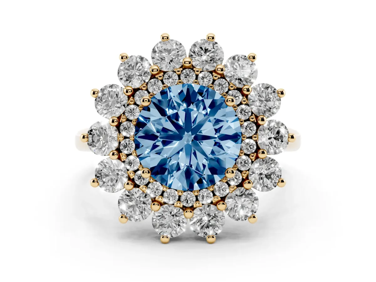 Fancy Blue Round Cut Diamond Floral Double Halo Ring Set in Yellow gold with Round Petals