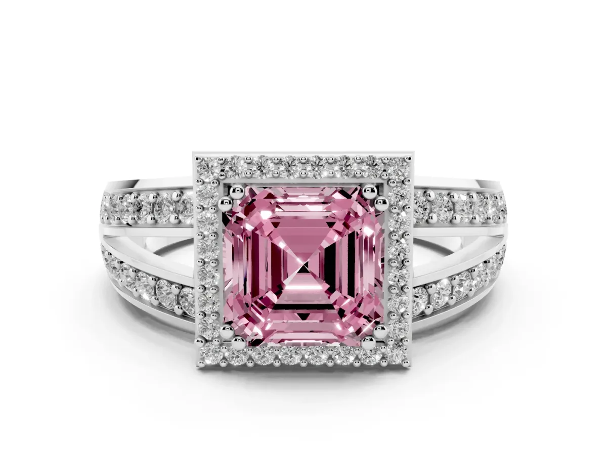 Fancy Pink Asscher Cut Diamond Halo Ring Set in Platinum with Double Pavé Split Shank