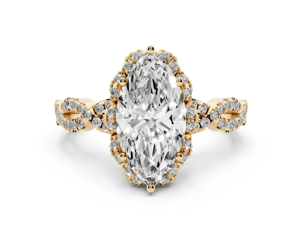 Marquise Cut Diamond Halo Twist Band Solitaire Ring Set in Yellow gold with Prong-Set Center Stone