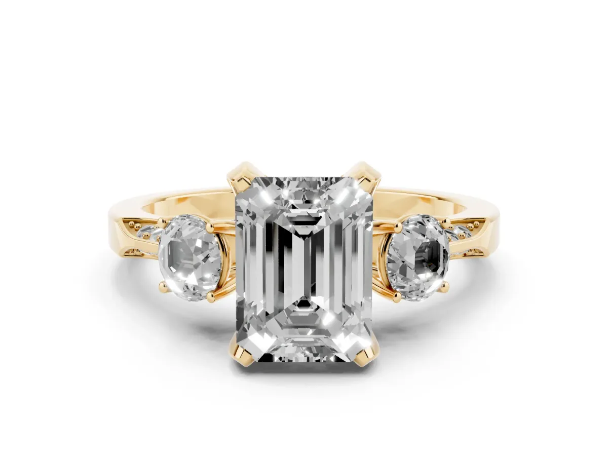 Fancy Black Emerald Cut Diamond Three-Stone Ring Set in Yellow gold with Pavé Band and Smaller Side Stones