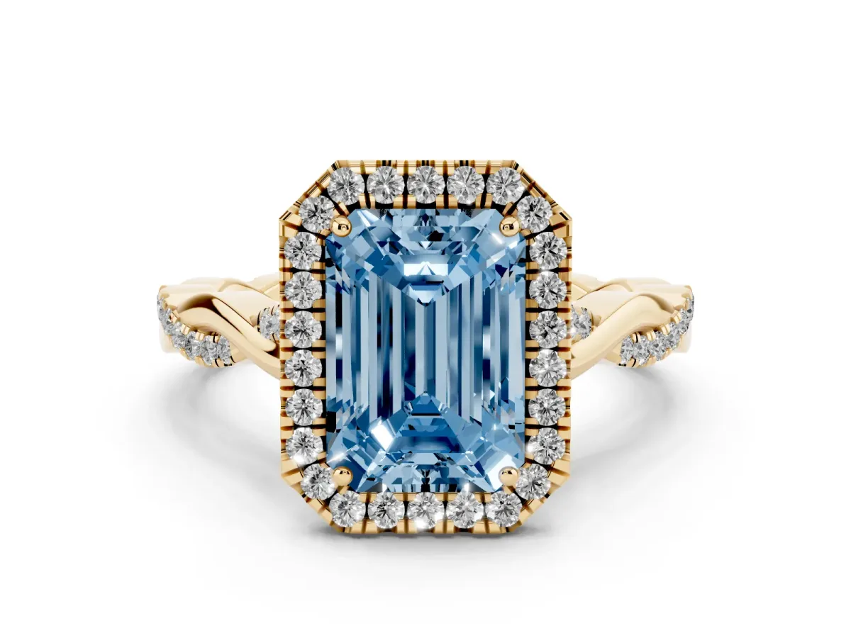Fancy Blue Emerald Cut Diamond Halo Twist Band Solitaire Ring Set in Yellow gold with Prong Setting
