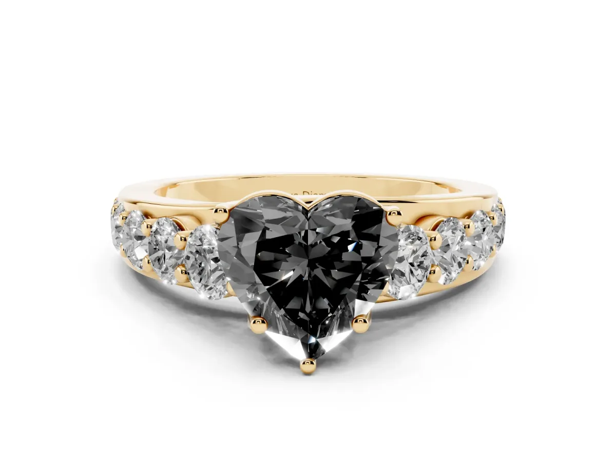 Fancy Black Heart Cut Diamond Pavé Engagement Ring Set in Yellow gold with Prong Setting