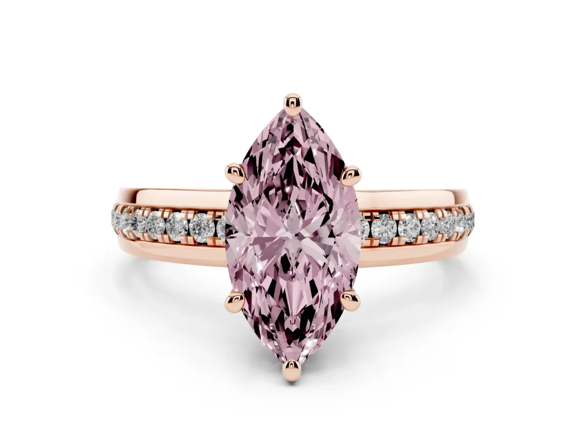 Fancy Pink Marquise Cut Diamond Solitaire Ring Set in Rose gold with Channel Set Band and Prong Setting