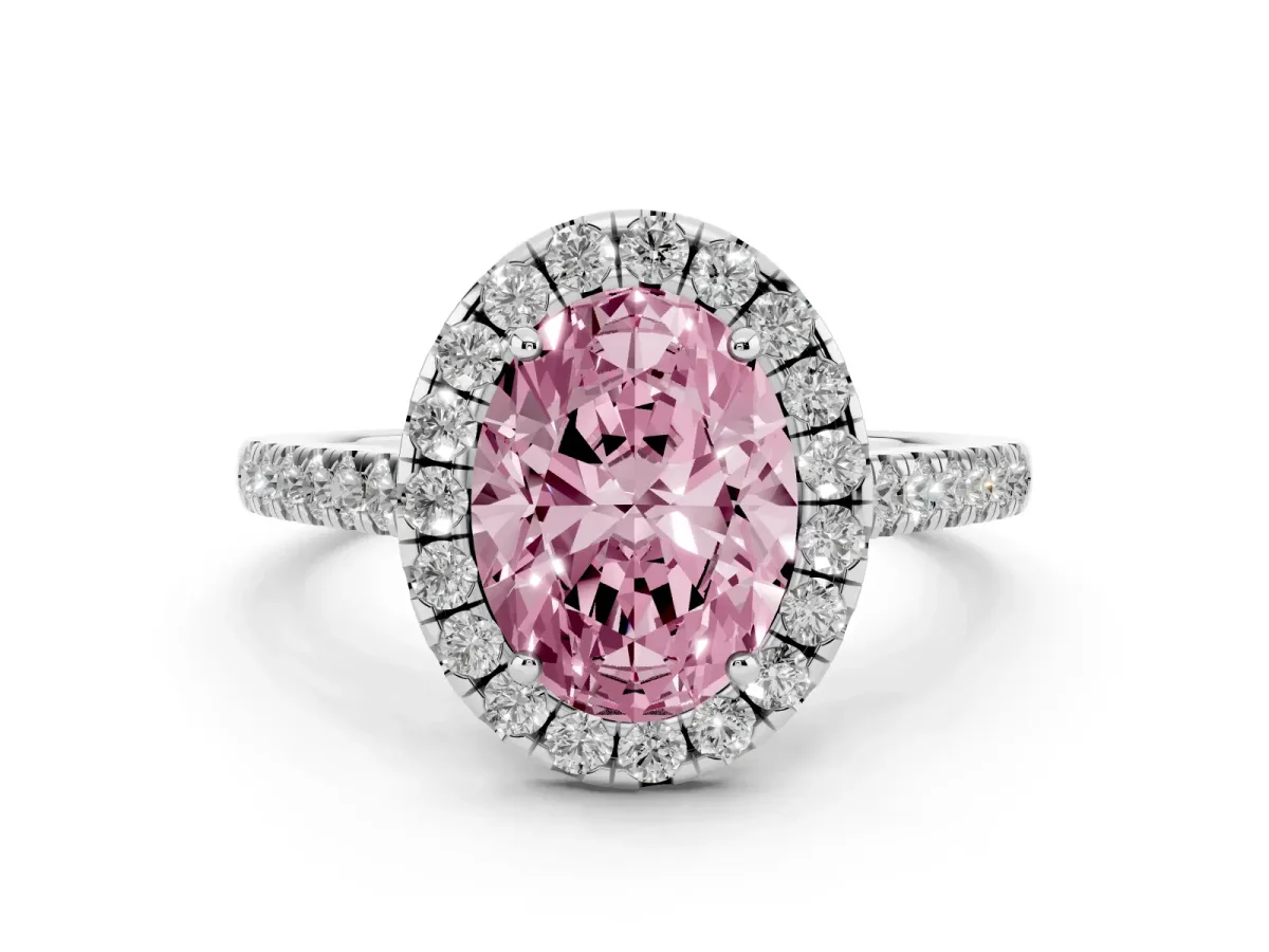 Fancy Pink Oval Cut Diamond Halo Pavé Engagement Ring Set in White gold with Prong Setting