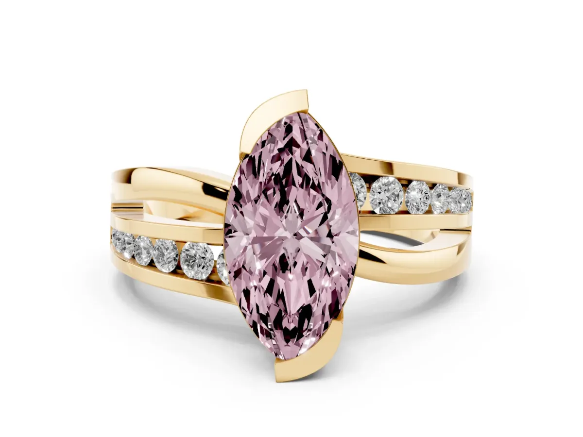 Fancy Pink Marquise Cut Diamond Solitaire Ring Set in Yellow gold with Channel Set Split Shank and Tension Prongs