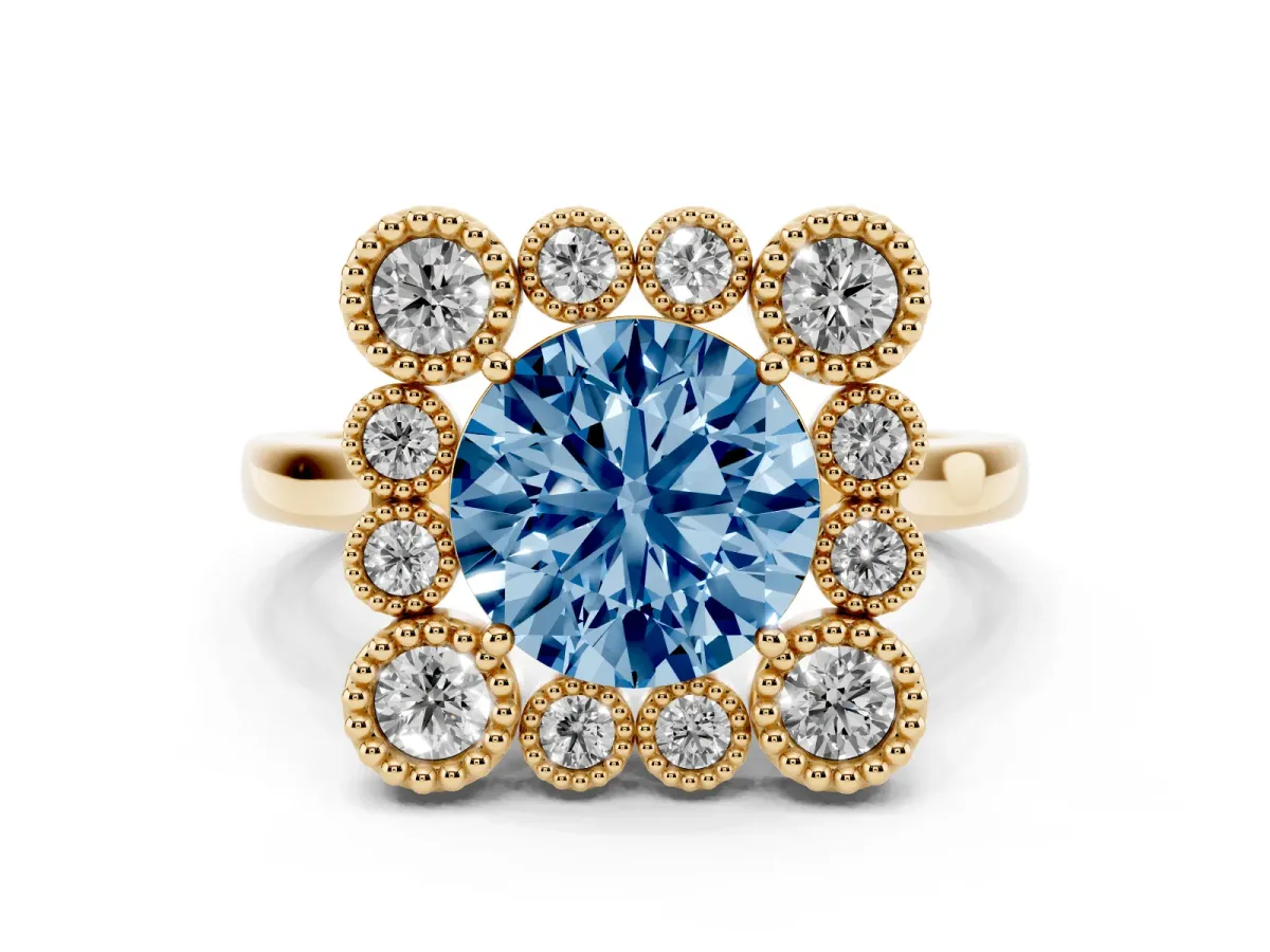 Fancy Blue Round Cut Diamond Cluster Halo Ring Set in Yellow gold with Milgrain Bezel Accents and Plain Band