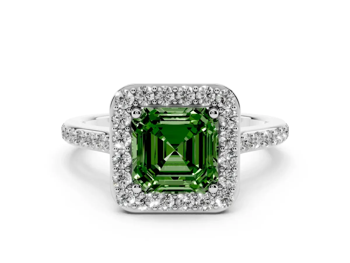 Fancy Green Asscher Cut Diamond Halo Engagement Ring Set in Platinum with Round Pavé Shoulders and Heart Gallery