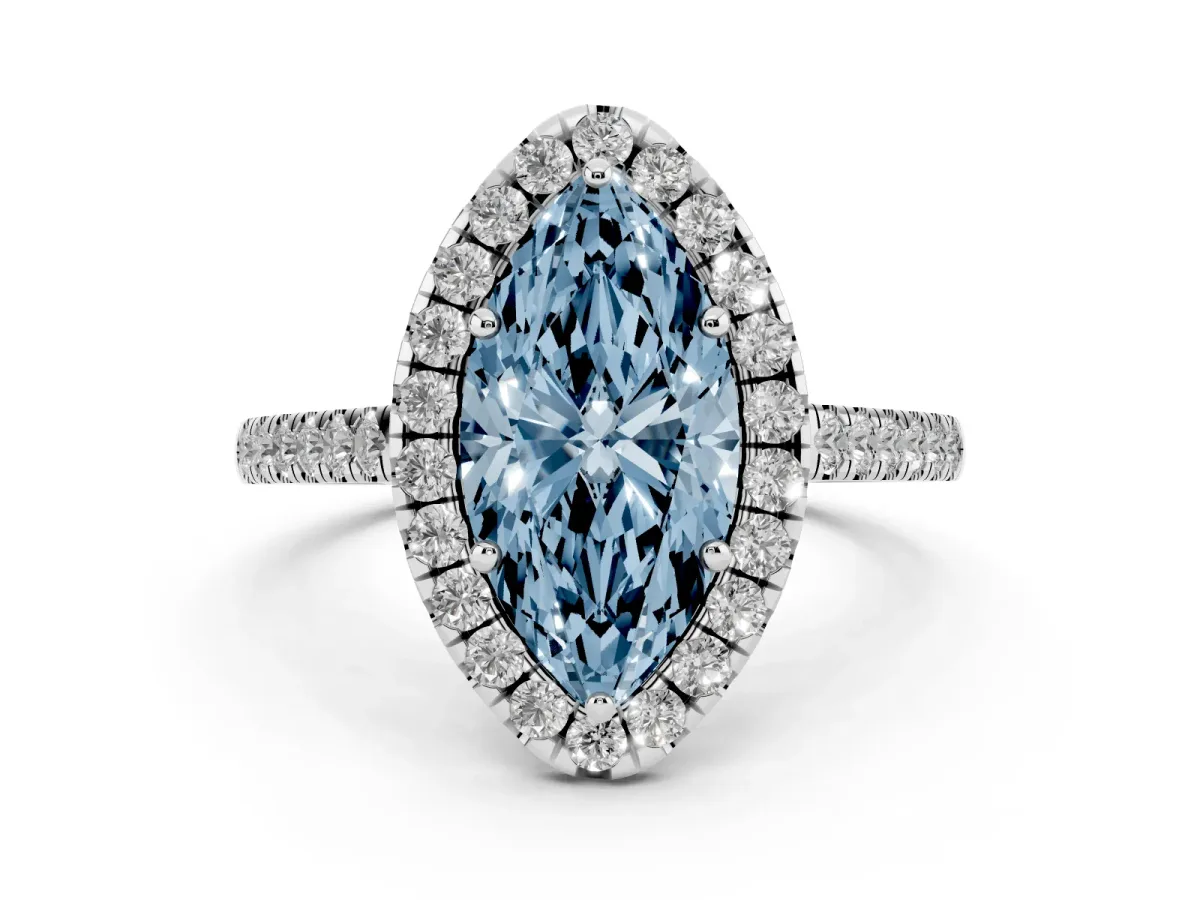 Fancy Blue Marquise Cut Diamond Halo Pavé Engagement Ring Set in White gold with Prong Setting