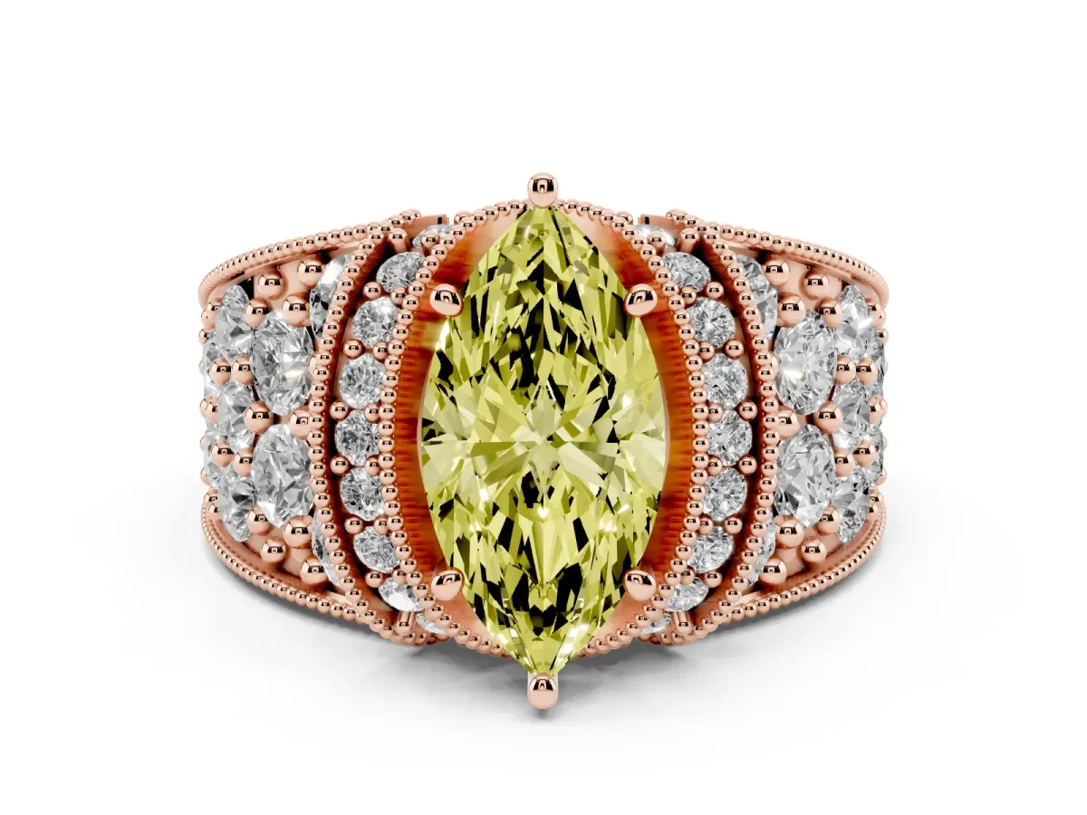 Fancy Yellow Marquise Cut Diamond Milgrain Halo Pavé Engagement Ring Set in Rose gold with Prong Setting