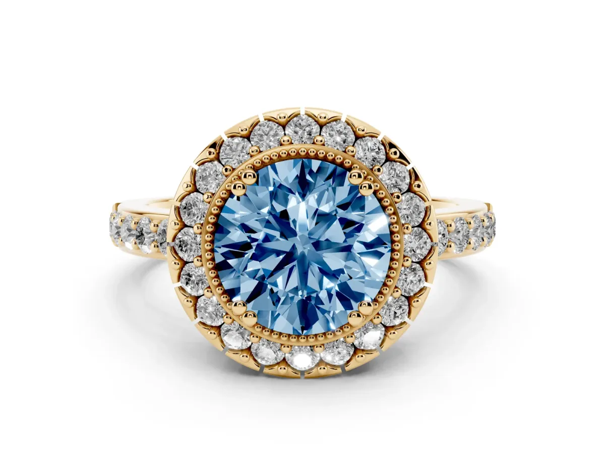 Fancy Blue Round Cut Diamond Halo Ring Set in Yellow gold with Pavé Shank and Prong Setting