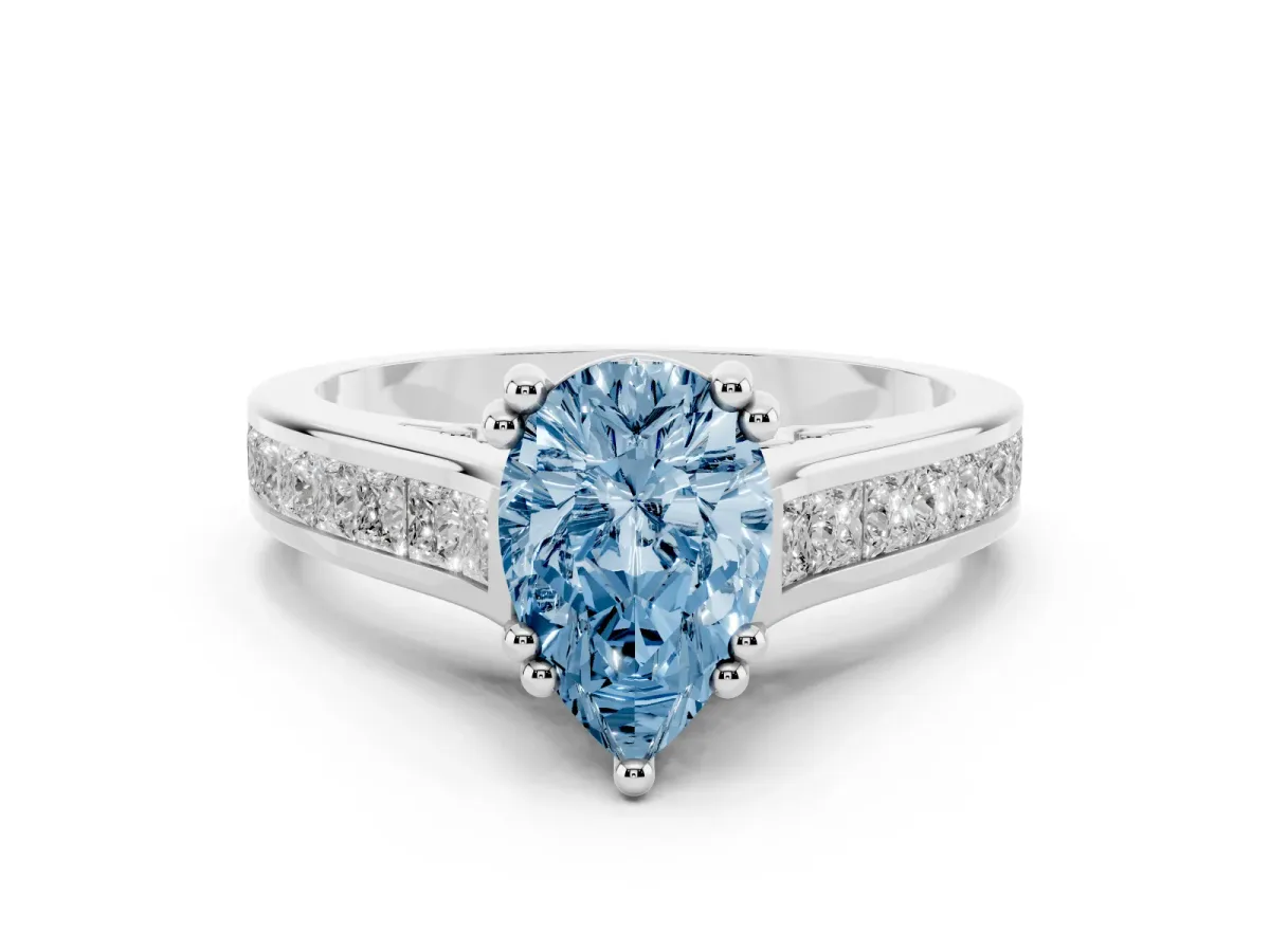 Fancy Blue Pear Cut Diamond Channel Set Solitaire Engagement Ring Set in Silver with Prong Setting