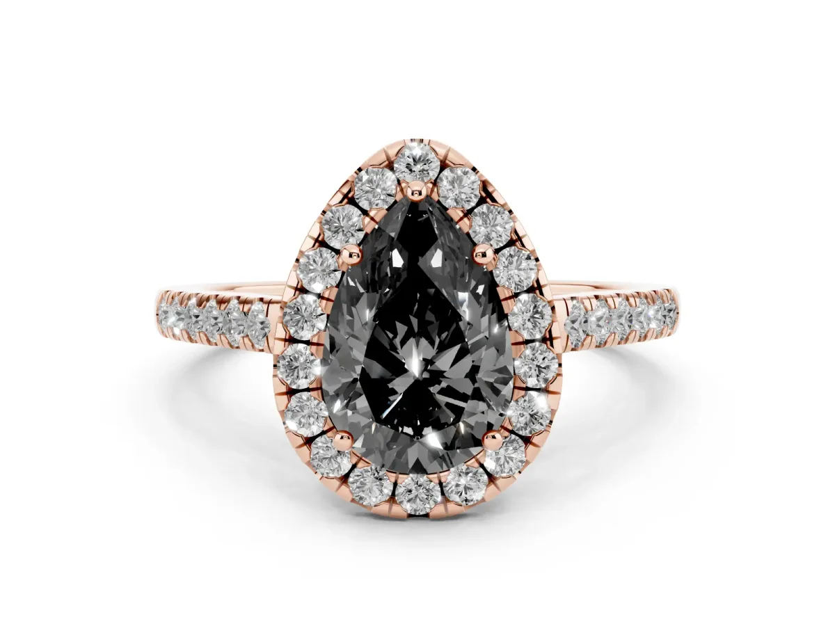 Fancy Black Pear Cut Diamond Halo Pavé Engagement Ring Set in Rose gold with Prong Setting