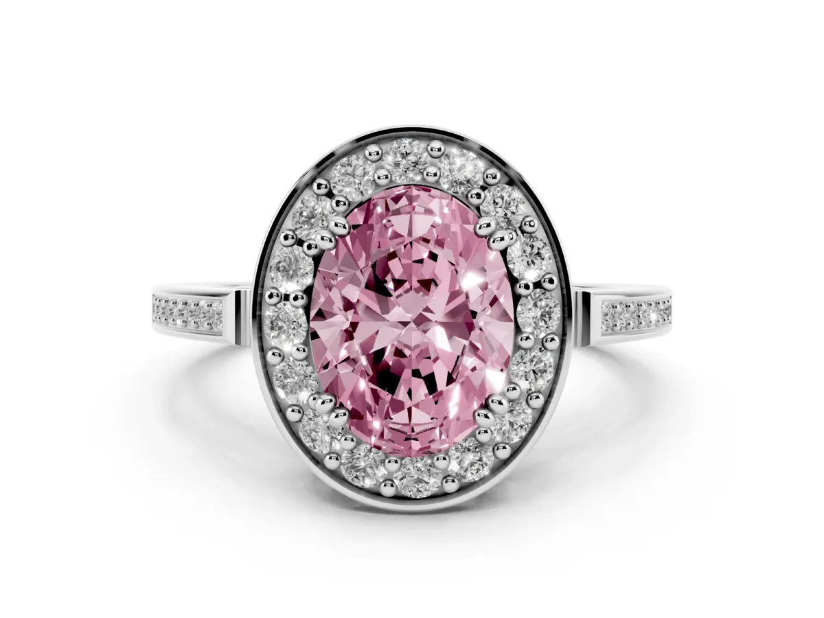 Fancy Pink Oval Cut Diamond Halo Ring Set in Silver with Accent-Lined Split Shank and Prong Setting