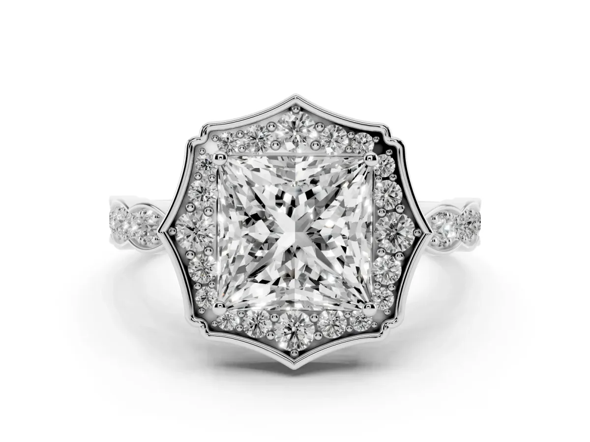Princess Cut Diamond Halo Engagement Ring Set in Silver with Milgrain Band and Prong Setting
