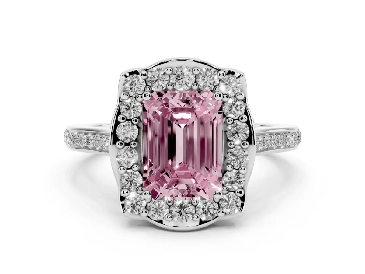 Fancy Pink Emerald Cut Diamond Halo Ring Set in White gold with Pavé-Lined Shoulders and Prong Setting