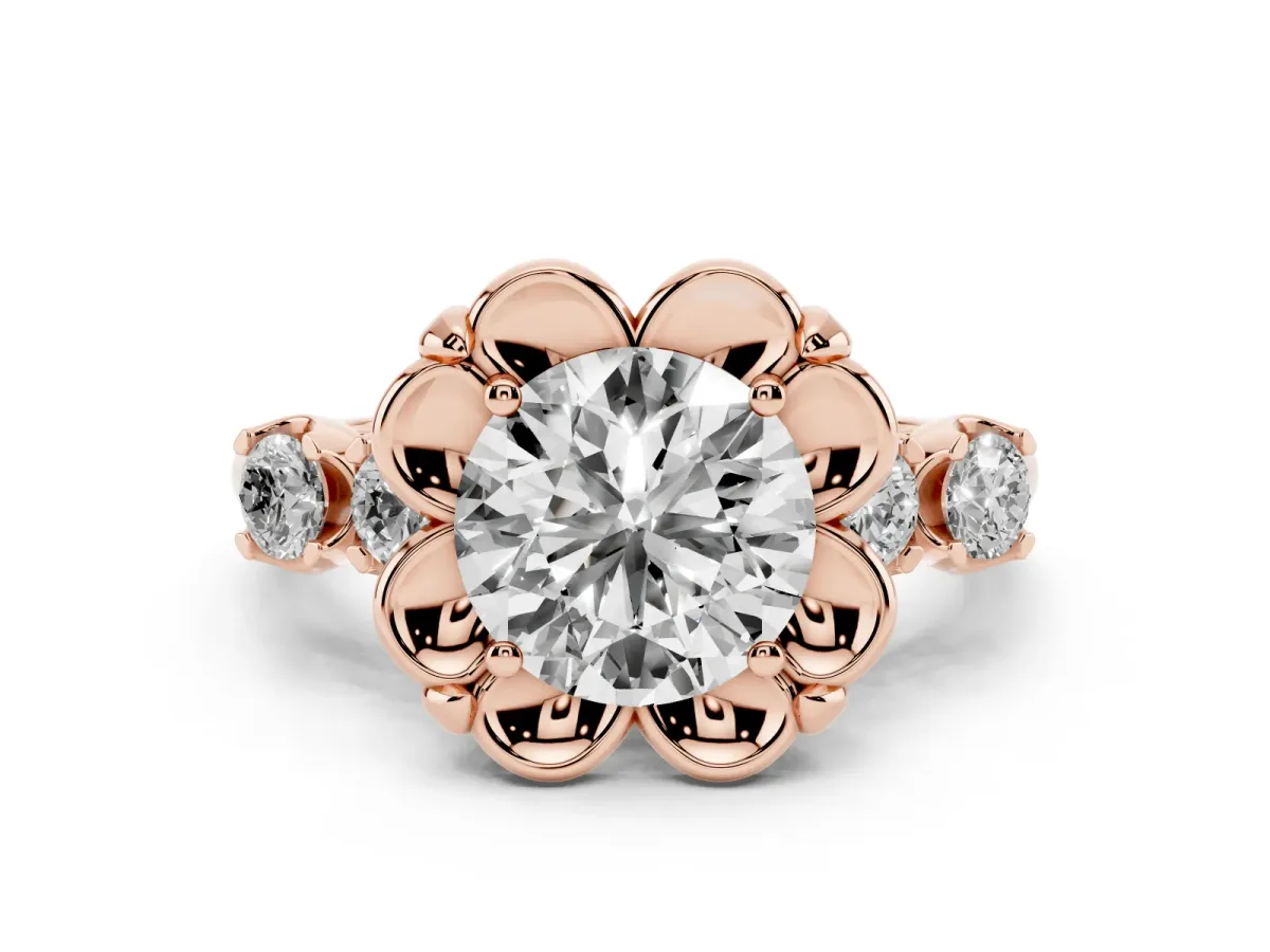 Round Cut Diamond Floral Halo Ring Set in Rose gold with Shared Prong Band