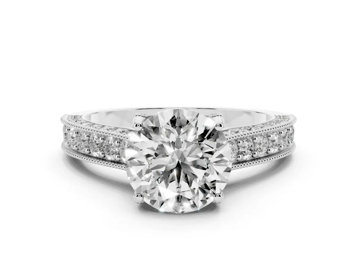 Round Cut Diamond Solitaire Ring Set in Platinum with Milgrain-Edged Pavé Band and Prong Setting